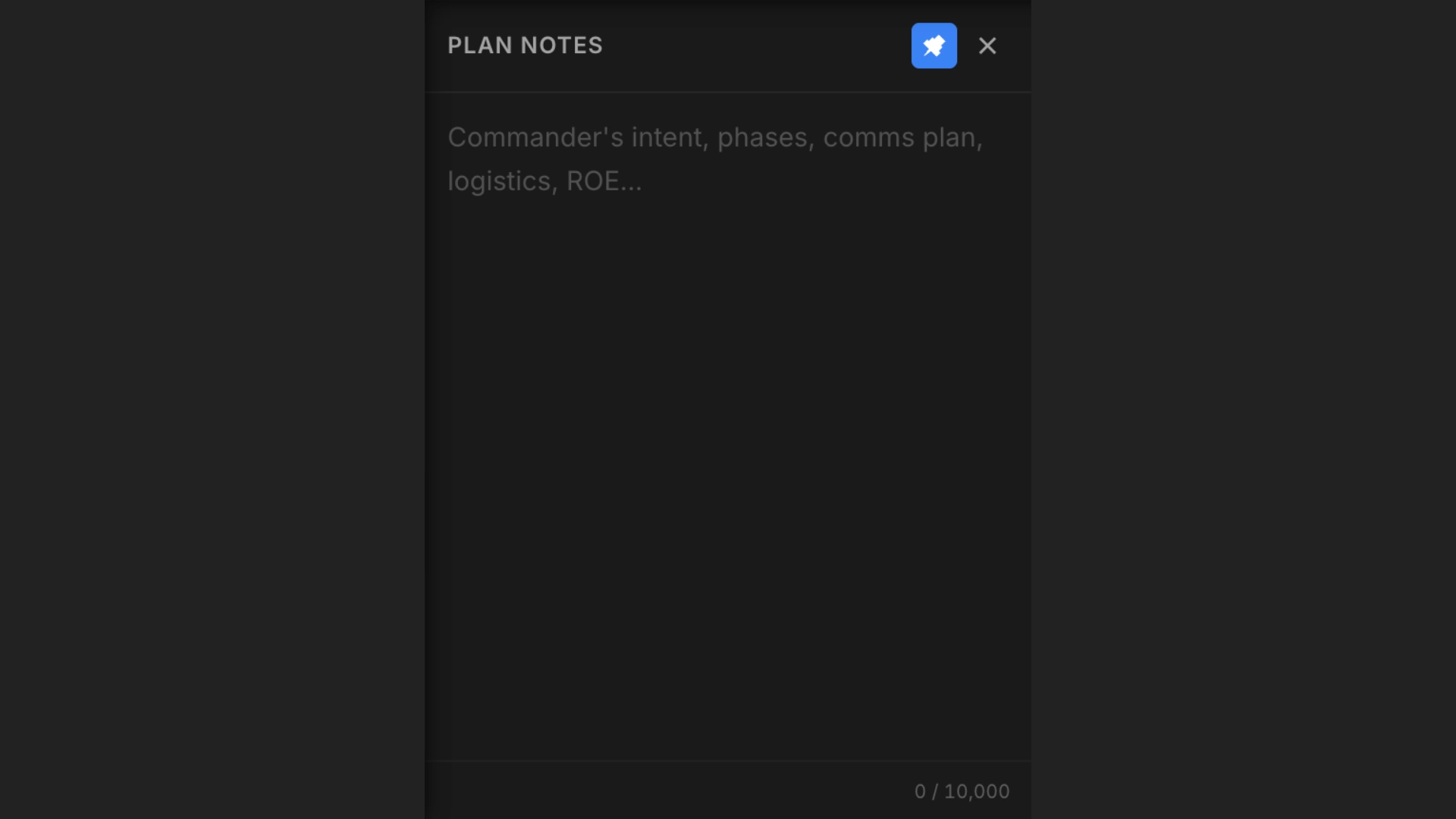 Mission notes panel with commander's intent, phases, and comms plan